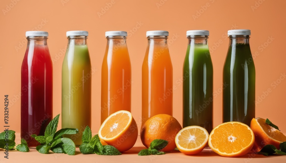 A row of six bottles of juice with oranges in front A row of six bottles of juice with oranges in front