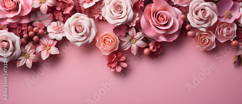 Various types of pink roses are arranged in harmony with a certain amount of pink background space. © 일 박