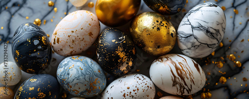 Festive Easter eggs with various patterns and textures scattered among gold beads on a black background. Easter background