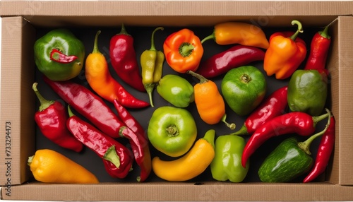 A box full of peppers, including red, green, and yellow peppers photo