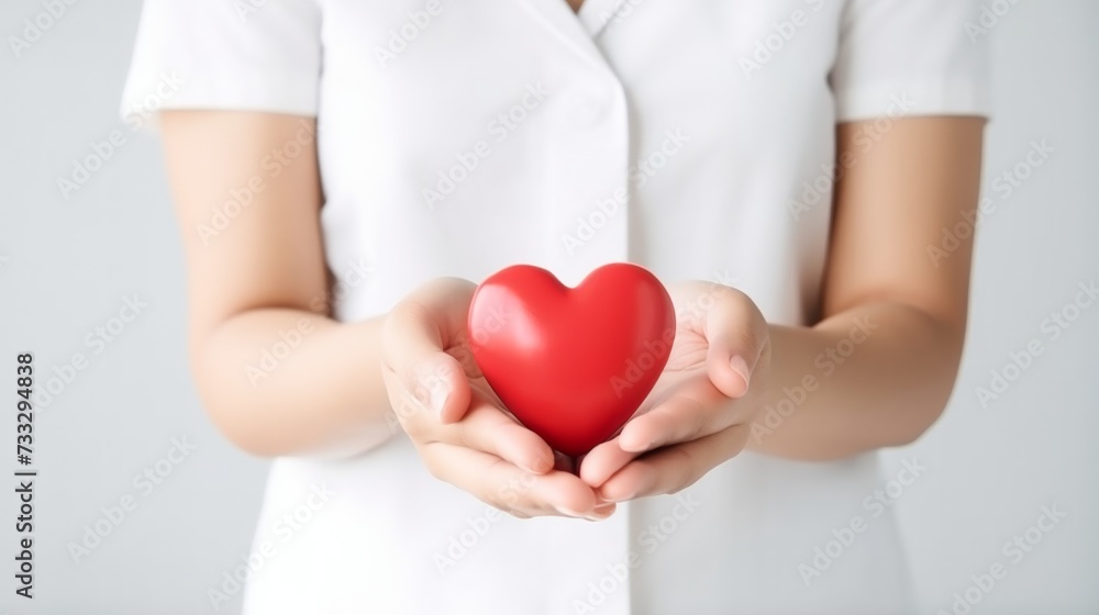 A healthcare professional in a white coat holding a red heart, symbolizing care and compassion. A healthcare professional in a white coat holding a red heart, symbolizing care and compassion.