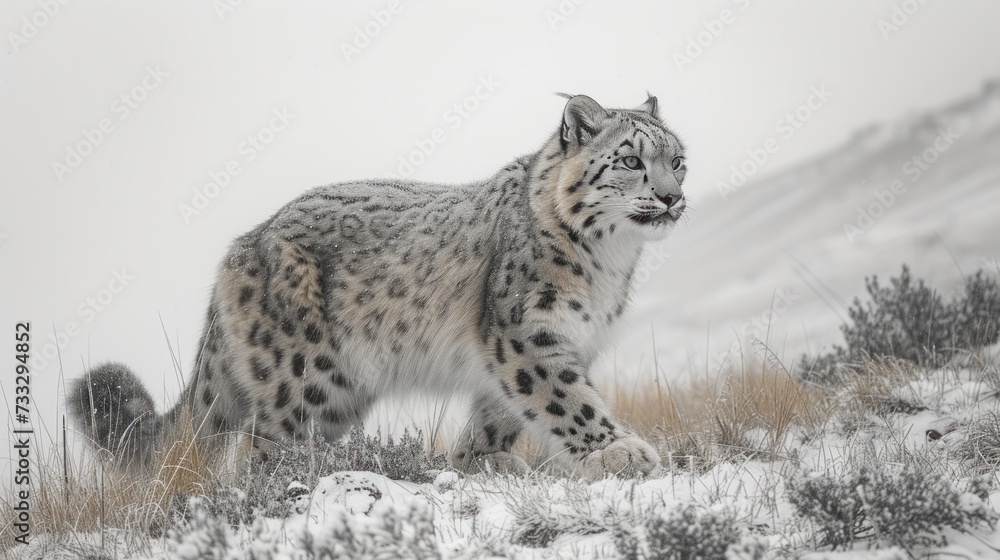 Fototapeta premium a snow leopard standing on top of a snow covered hill next to a snow covered hill with a snow covered mountain in the background.