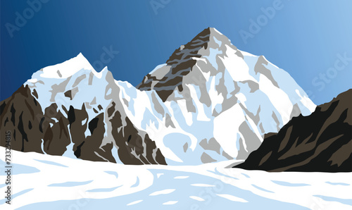 K2 or Chogori, second highest mount, Karakoram, Pakistan, blue colored vector illustration