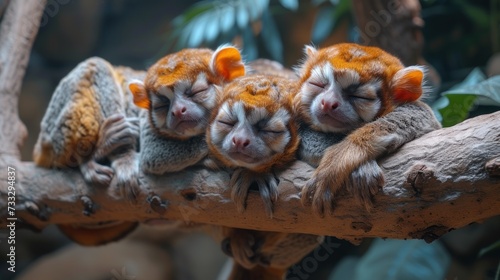 a group of monkeys sleeping on a tree branch with their heads resting on the end of the branch with their eyes closed. photo