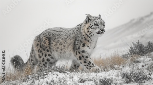 a snow leopard standing on top of a snow covered hill next to a snow covered hill with a snow covered mountain in the background.