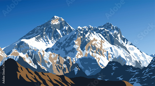 Mount Everest and Mt Lhotse from Gokyo peak, vector illustration, Khumbu valley, Everest area, Nepal himalayas mountains