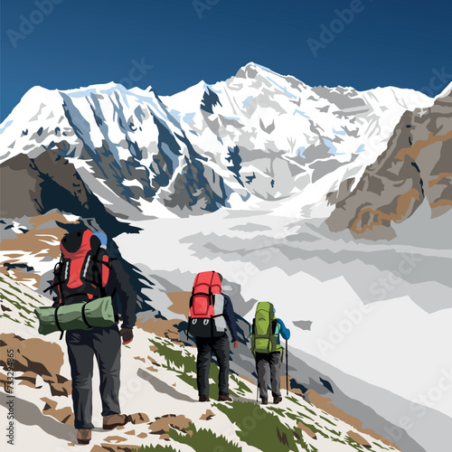Mount Cho Oyu and three hikers with a big backpack, vector illustration, Gokyo valley, Khumbu valley, Everest area, Nepal himalayas mountains