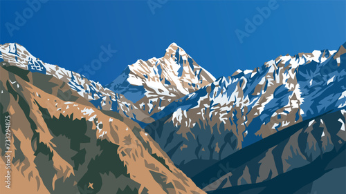 mount Nanda Devi vector illustration, one of the best mounts in Indian Himalaya, seen from Joshimath Auli,  Uttarakhand, India, Indian Himalaya mountain