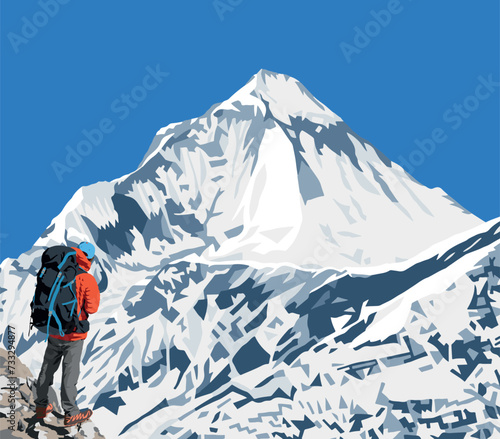 Mount Dhaulagiri peak as seen near Thorung La pass and hiker, Mount Annapurna circuit trekking trail, vector illustration, Nepal Himalayas mountains