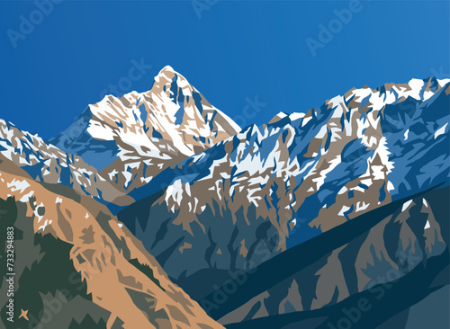 mount Nanda Devi vector illustration, one of the best mounts in Indian Himalaya, seen from Joshimath Auli,  Uttarakhand, India, Indian Himalaya mountain photo