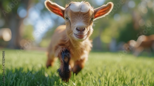 a close up of a small goat running in a field of grass with trees in the background. photo
