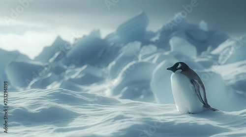 a small penguin standing in the middle of a snow covered field with icebergs in the backgroud.