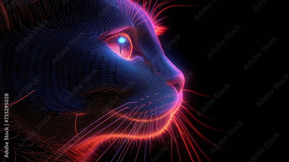 a close up of a cat's face with red and blue light coming out of it's eyes.