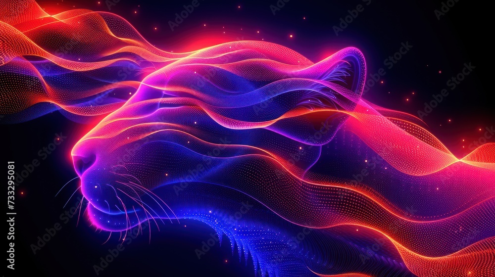 a computer generated image of a cat's head on a black background with red, pink, and blue waves.