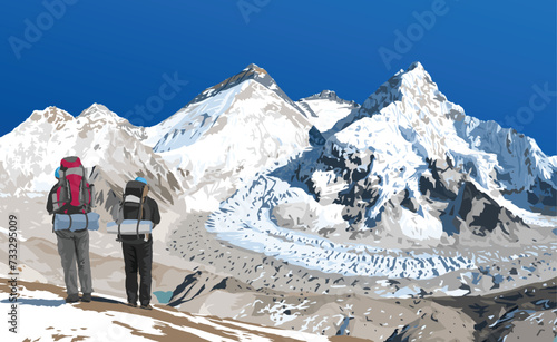 mount Everest Lhotse and Nuptse from Nepal side as seen from Pumori base camp with two hikers, vector illustration, Mt Everest 8,848 m, Khumbu valley, Sagarmatha national park, Nepal Himalaya mountain photo