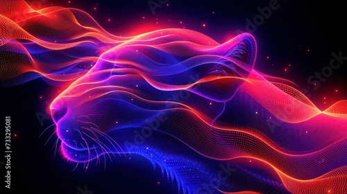a computer generated image of a cat s head on a black background with red  pink  and blue waves.