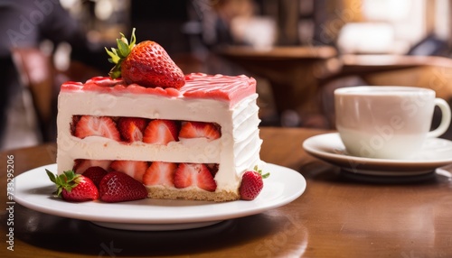 A white cake with strawberries on top sits on a plate