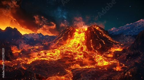 Night landscape with volcano and burning lava. Volcano eruption, fantasy landscape. 3D illustration © siti
