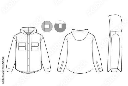 hooded Button Shirt Long Sleeve Flat Technical Drawing Illustration Blank Streetwear Mock-up Template for Design and Tech Packs CAD (ID: 733295296)