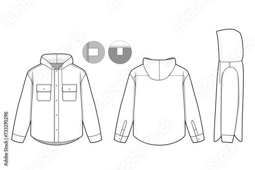 hooded Button Shirt Long Sleeve Flat Technical Drawing Illustration Blank Streetwear Mock-up Template for Design and Tech Packs CAD