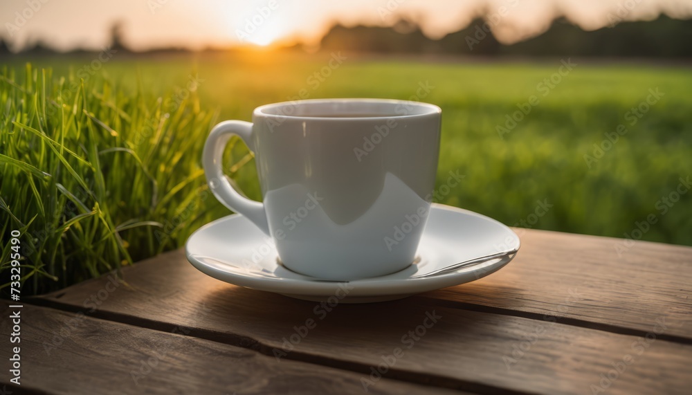 A white coffee cup on a white plate on a wooden table A white coffee cup on a white plate on a wooden table