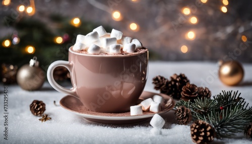 A cup of hot chocolate with marshmallows and a sprig of pine