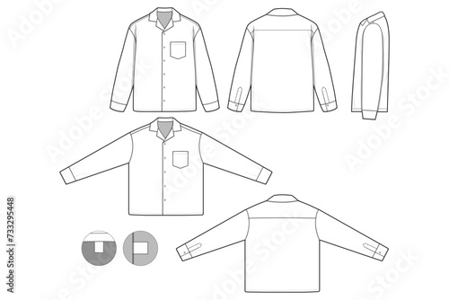 camp Collared Button Shirt Long Sleeve Flat Technical Drawing Illustration Blank Streetwear Mock-up Template for Design and Tech Packs CAD (ID: 733295448)