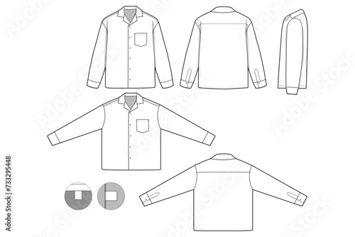 camp Collared Button Shirt Long Sleeve Flat Technical Drawing Illustration Blank Streetwear Mock-up Template for Design and Tech Packs CAD