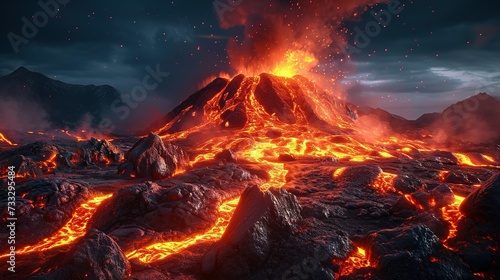 Night landscape with volcano and burning lava. Volcano eruption, fantasy landscape. 3D illustration