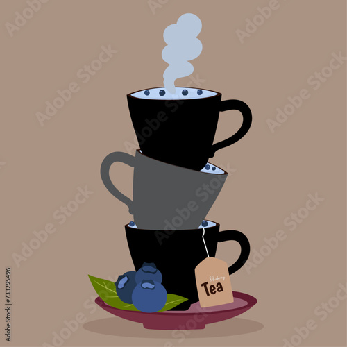 Flat Design Illustration with Three Cups Tea with BlueberryTaste
