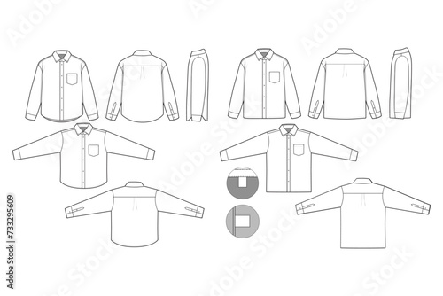 Oxford Collared Button Shirt Long Sleeve Flat Technical Drawing Illustration Blank Streetwear Mock-up Template for Design and Tech Packs CAD