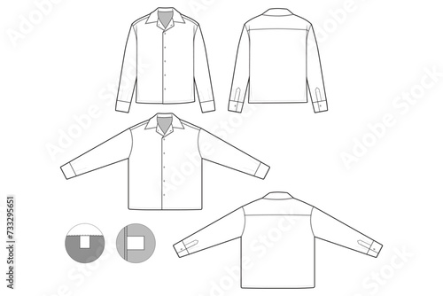 wide Collared Button Shirt Long Sleeve Flat Technical Drawing Illustration Blank Streetwear Mock-up Template for Design and Tech Packs CAD