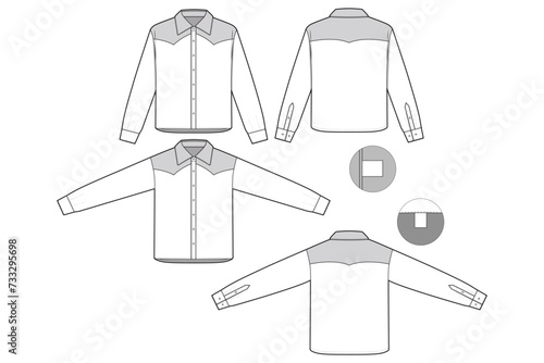 Western Collared Button Shirt Long Sleeve Flat Technical Drawing Illustration Blank Streetwear Mock-up Template for Design and Tech Packs CAD