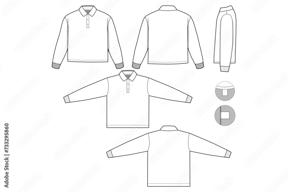 cropped Rugby Polo Long Sleeve Collared Flat Technical Drawing ...