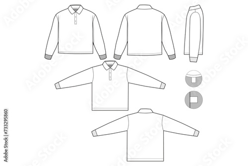 cropped Rugby Polo Long Sleeve Collared Flat Technical Drawing Illustration Blank Mock-up Template for Design and Tech Packs CAD Technical Sketch (ID: 733295860)