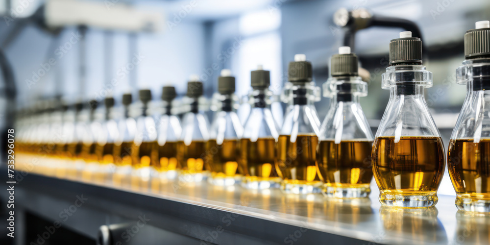 Bottled Industrial Technology: Automated Production Line of Yellow Drink Manufacturing in a Clean and Transparent Factory Bottled Industrial Technology: Automated Production Line of Yellow Drink Manufacturing in a Clean and Transparent Factory