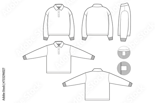 oversized Rugby Polo Long Sleeve Collared Flat Technical Drawing Illustration Blank Mock-up Template for Design and Tech Packs CAD Technical Sketch