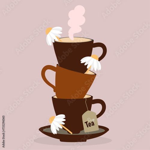 Flat Design Illustration with Three Cups Tea with Daisy Taste