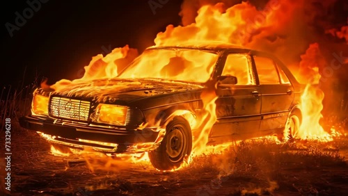Road traffic accident. Car crash accident. Burning automobile after gas explosion at night. Auto catastrophe. Vehicle in red fire flames. Epic film special effects. Rioters arson. Vandalism concept. photo