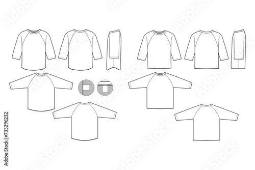 Raglan sleeve shirt tee technical drawing illustration short sleeve blank streetwear mock-up template for design and tech packs.	 (ID: 733296232)