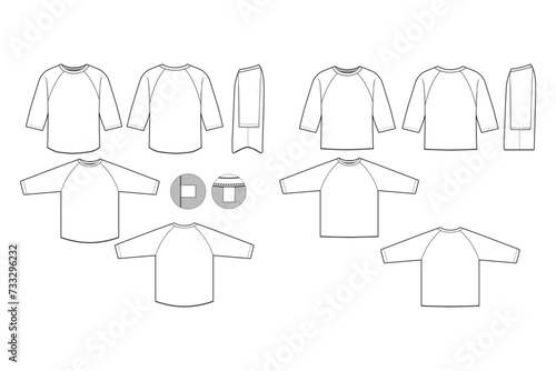 Raglan sleeve shirt tee technical drawing illustration short sleeve blank streetwear mock-up template for design and tech packs.	