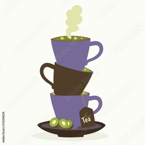Flat Design Illustration with Three Cups Tea with Kiwi Taste