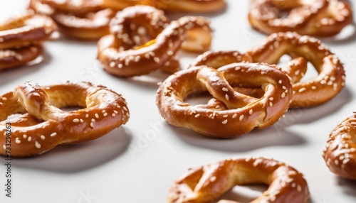 A bunch of golden brown pretzels on a white surface