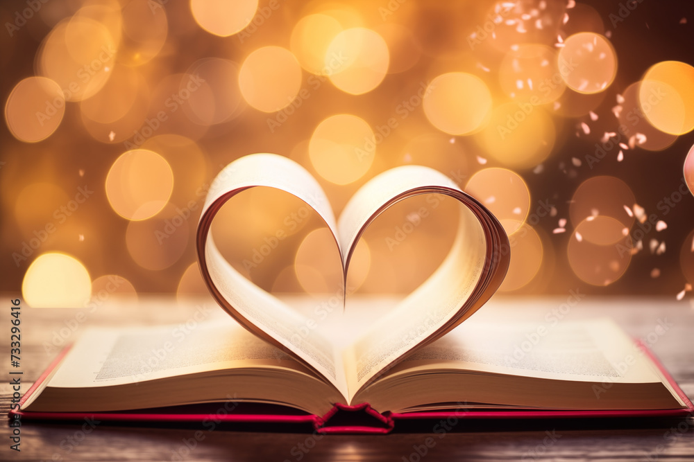 Open book with pages forming heart shape on a bokeh light background, Feeling love and romance, Valentine's day, Generative AI Open book with pages forming heart shape on a bokeh light background, Feeling love and romance, Valentine's day, Generative AI