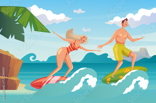 People man woman character surfing on beach sea resort concept. Vector flat cartoon graphic design illustration © PrettyVectors