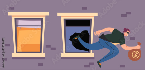 Home house burglar thief man character broken window and get to house. Vector design flat graphic cartoon illustration
