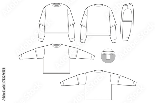 cropped oversized fit t-shirt flat technical drawing illustration long sleeve blank streetwear mock-up template for design and tech packs men or unisex (ID: 733296453)