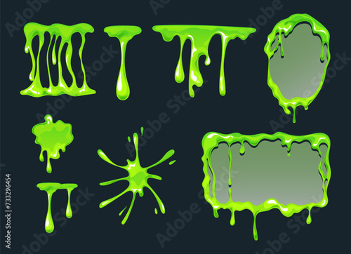 Green slime goo flows frames with different shapes. Mucus fluid cartoon style concept. Vector graphic design illustration