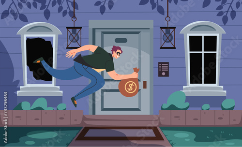 Home house burglar thief man character broken window and get to house. Vector design flat graphic cartoon illustration