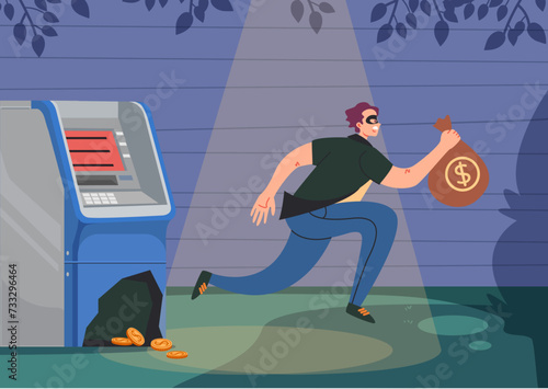 Thief man character steals money from ATM. Vector design flat graphic cartoon illustration
